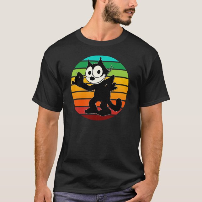 Felix Cartoon Cat Retro Rainbow Sunset Sly Smiling T-Shirt (Front)