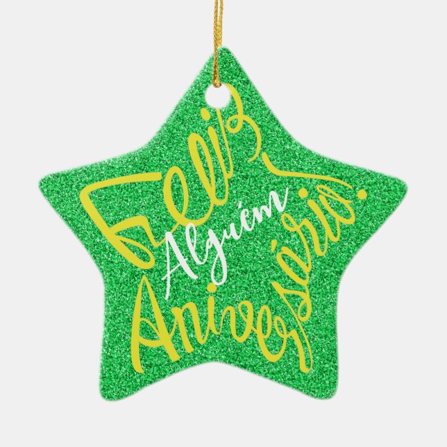 Feliz Aniversário em forma de estrela Ceramic Tree Decoration (Front)