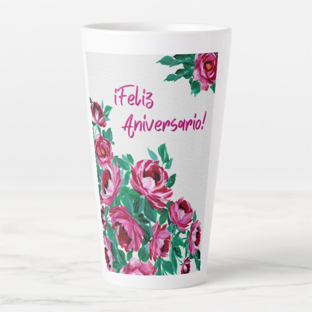 ¡Feliz Aniversario! Tarjeta Floral de Acuarela Latte Mug (Front)