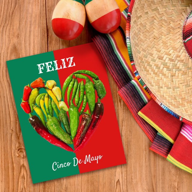 Feliz Cinco de Mayo Chilli Peppers Heart Postcard (Cinco de Mayo postcard)