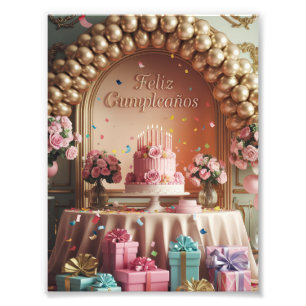 “Feliz Cumpleaños” Elegant Pink & Gold Birthday Photo Print