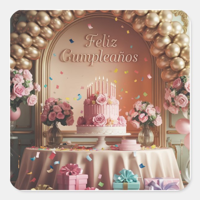 “Feliz Cumpleaños” Elegant Pink & Gold Birthday  Square Sticker (Front)