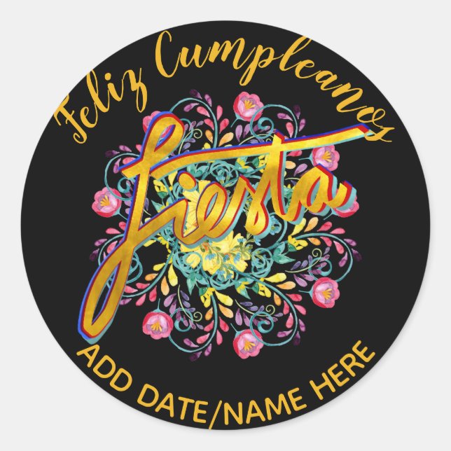 Feliz Cumpleanos FIESTA Folk Flowers Personalised Classic Round Sticker (Front)