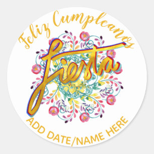 Feliz Cumpleanos FIESTA Folk Flowers Personalised Classic Round Sticker