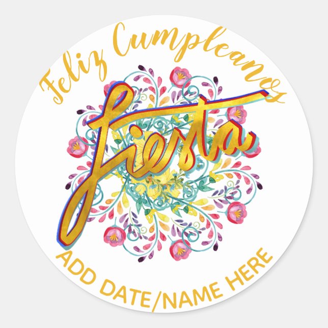 Feliz Cumpleanos FIESTA Folk Flowers Personalised Classic Round Sticker (Front)
