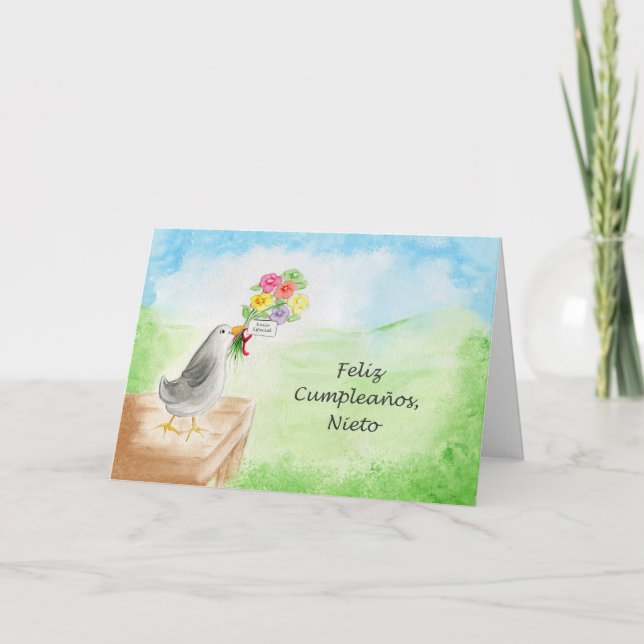 Feliz Cumpleanos Nieto, Pajaro con Flores Card (Front)