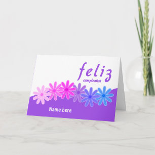 Feliz cumpleaños purple flowers personalised card