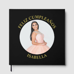Feliz Cumpleaños Round Photo Black Guest Book
