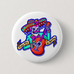 Feliz Dia De Muertos with Skeleton Playing Guitar 6 Cm Round Badge