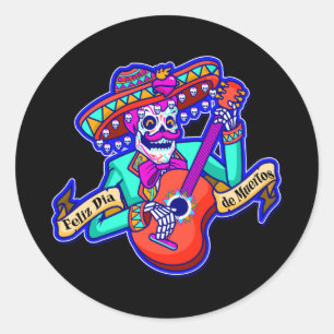 Feliz Dia De Muertos with Skeleton Playing Guitar Classic Round Sticker