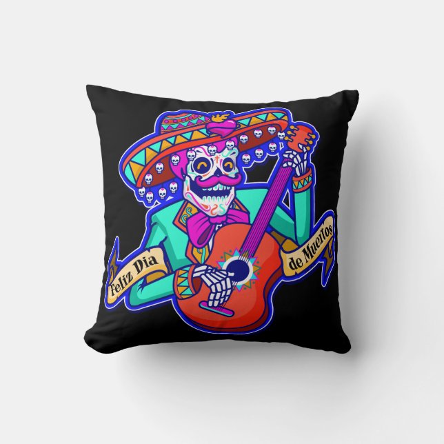 Feliz Dia De Muertos with Skeleton Playing Guitar Cushion (Front)