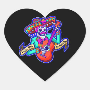 Feliz Dia De Muertos with Skeleton Playing Guitar Heart Sticker