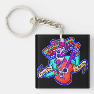 Feliz Dia De Muertos with Skeleton Playing Guitar Key Ring