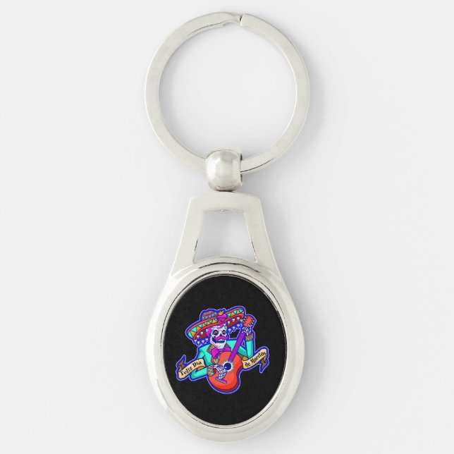 Feliz Dia De Muertos with Skeleton Playing Guitar Key Ring (Front)