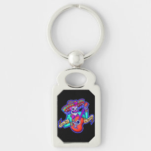 Feliz Dia De Muertos with Skeleton Playing Guitar Key Ring