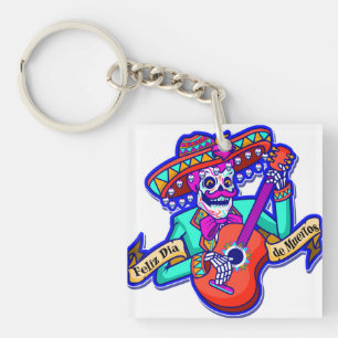 Feliz Dia De Muertos with Skeleton Playing Guitar Key Ring