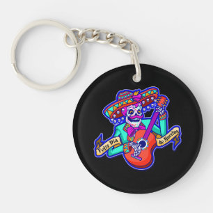 Feliz Dia De Muertos with Skeleton Playing Guitar Key Ring