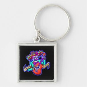 Feliz Dia De Muertos with Skeleton Playing Guitar Key Ring