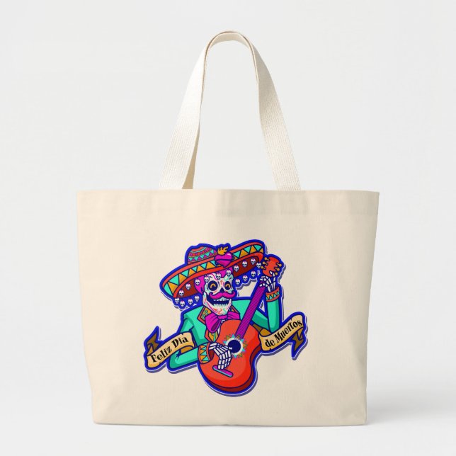 Feliz Dia De Muertos with Skeleton Playing Guitar Large Tote Bag (Front)