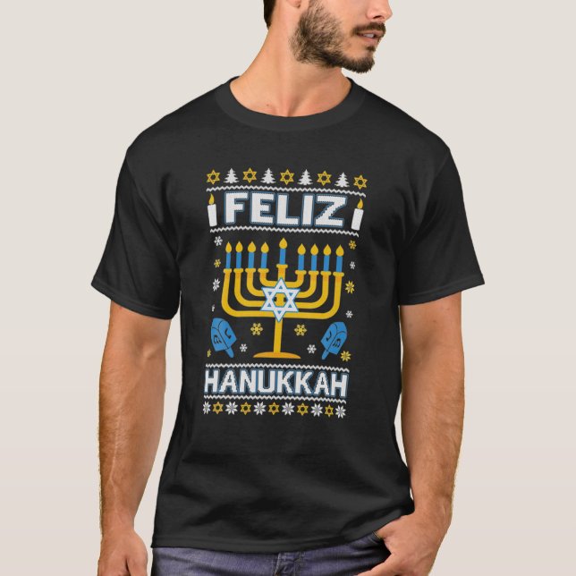 Feliz Hanukkah Happy Chanukah Funny Jewish Menorah T-Shirt (Front)