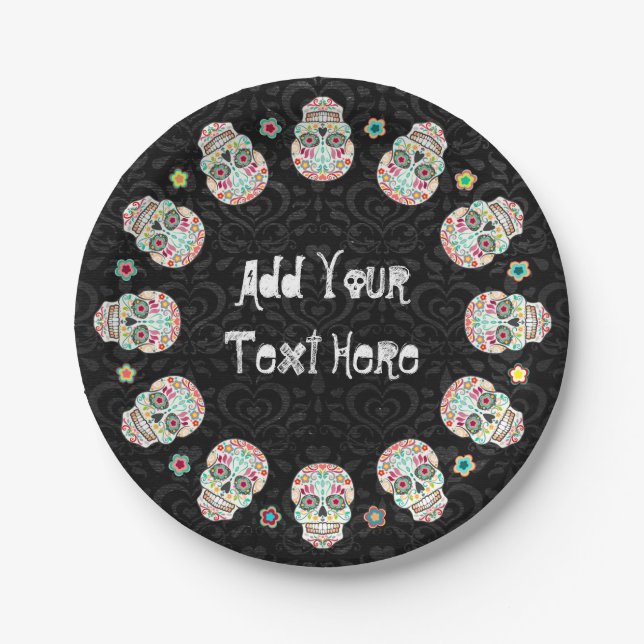 Feliz Muertos - Festive Sugar Skulls Custom Paper Plate (Front)