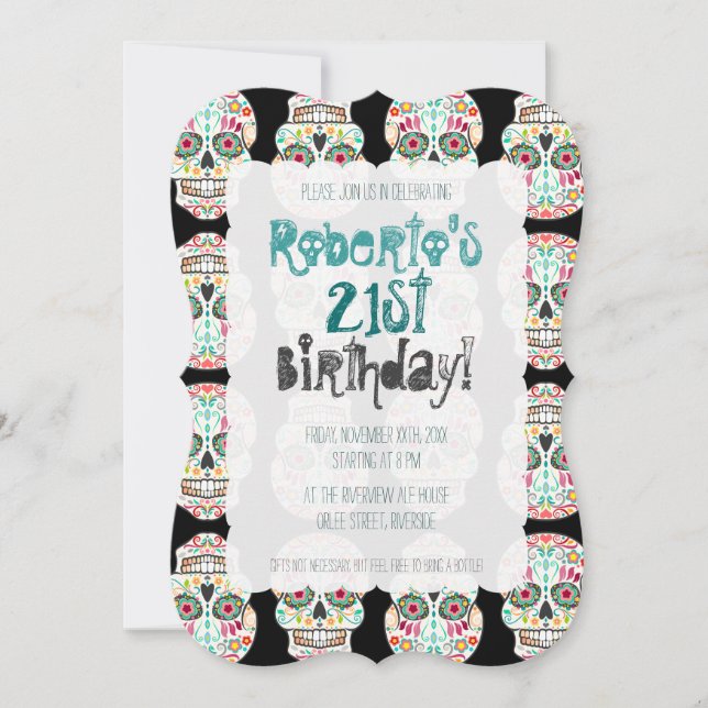 Feliz Muertos Sugar Skull on Black Damask Invitation (Front)