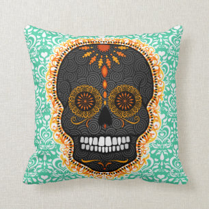 Feliz Muertos - Sugar Skull on Damask Throw Pillow