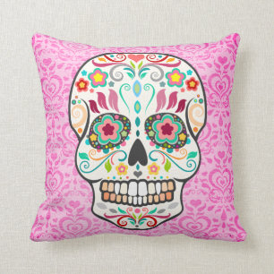 Feliz Muertos - Sugar Skull on Damask Throw Pillow