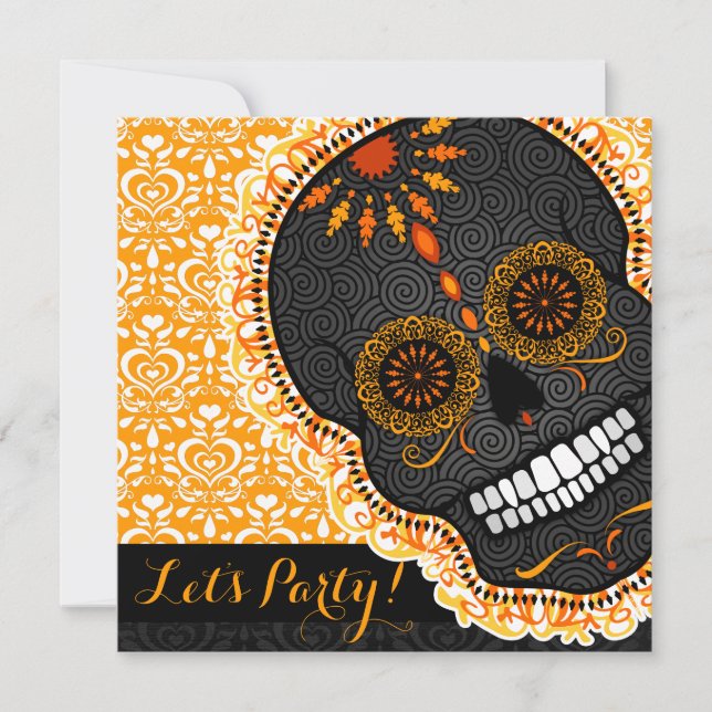 Feliz Muertos Tilted Orange and Black Sugar Skull Invitation (Front)