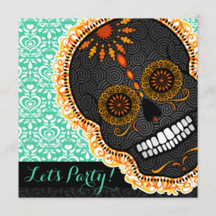 Feliz Muertos Tilted Orange Sugar Skull on Teal Invitation