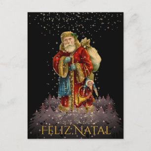Feliz Natal Brazil Christmas Vintage Santa Stars Holiday Postcard