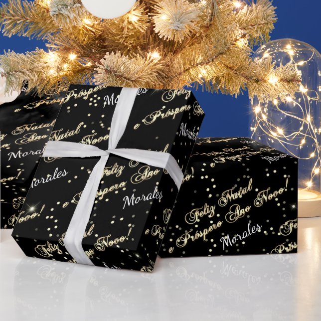 Feliz Natal e Prospero Ano Novo Name Black White  Wrapping Paper (Holidays)