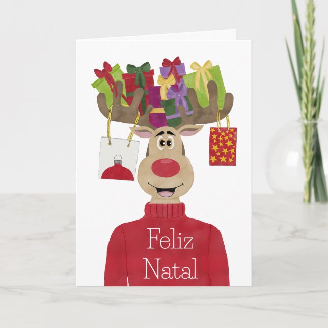 Feliz Natal, Portugese Christmas Gifts Reindeer Holiday Card (Front)