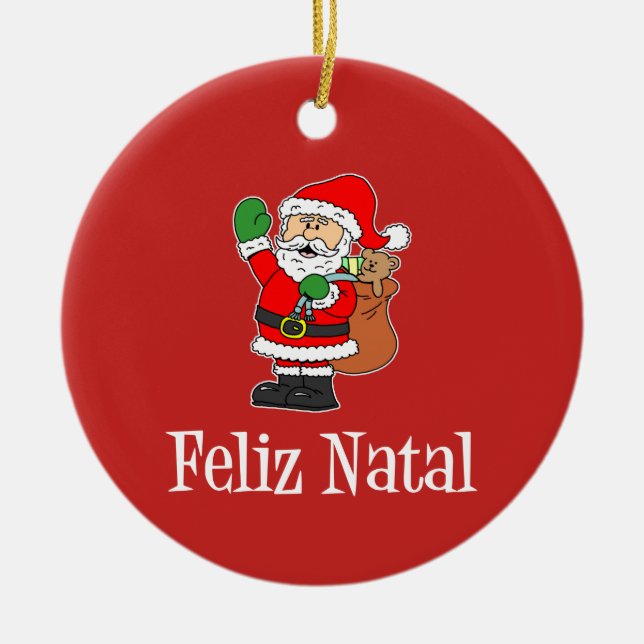 Feliz Natal Portuguese Christmas Santa (RED) Ceramic Tree Decoration (Front)