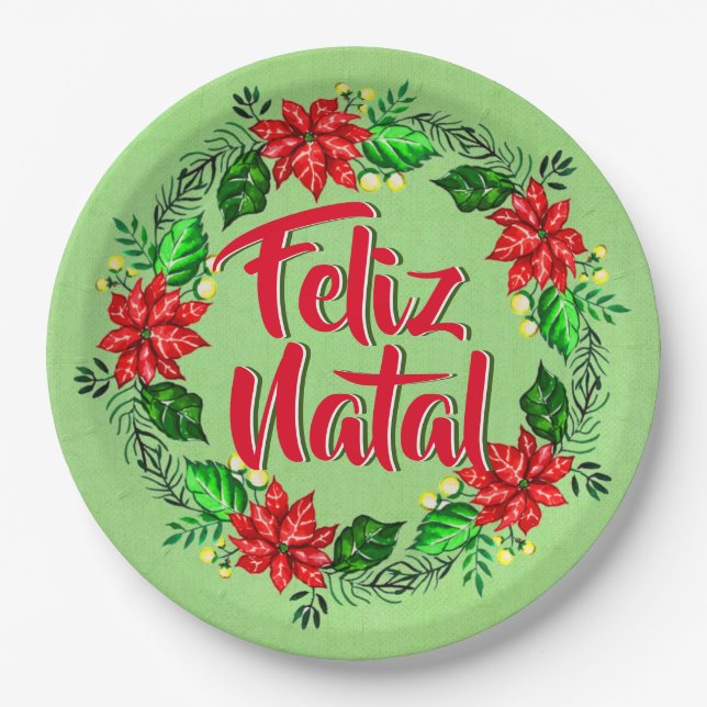 Feliz Natal Portuguese Merry Christmas 9" Paper Plate (Front)