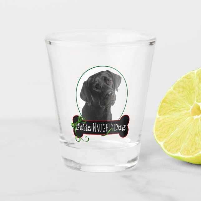 Feliz Naughty Black Lab Shot Glass (Front)