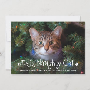 Feliz Naughty Cat Funny Personalised Pet Photo Holiday Card