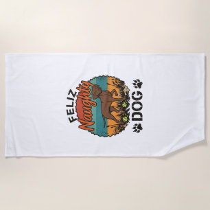 Feliz Naughty Dog Brown Retro Sun Paw Prints Beach Towel