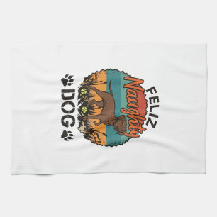 Feliz Naughty Dog Brown Retro Sun Paw Prints Tea Towel