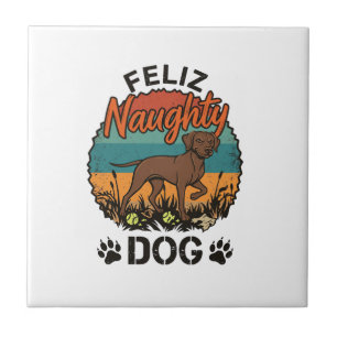 Feliz Naughty Dog Brown Retro Sun Paw Prints Tile