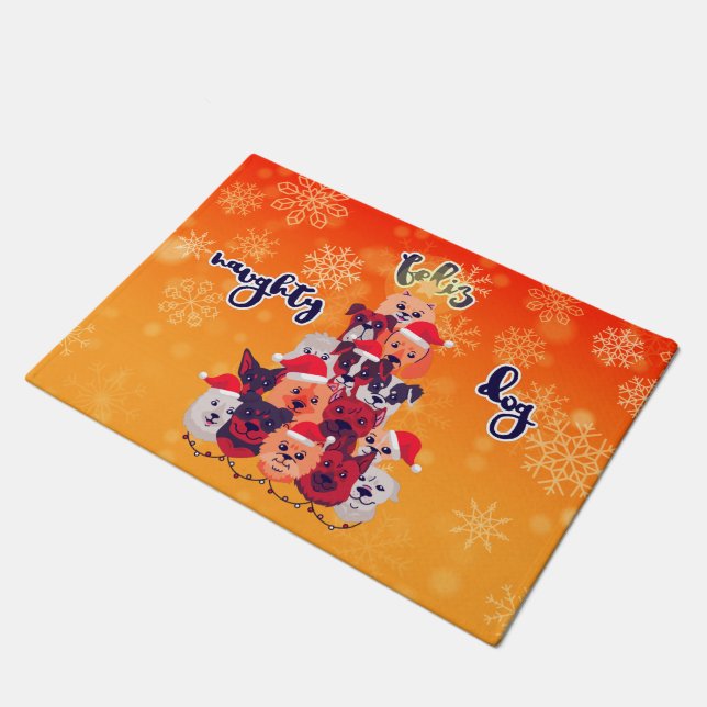 Feliz Naughty Dog Christmas Design Doormat (Angled)