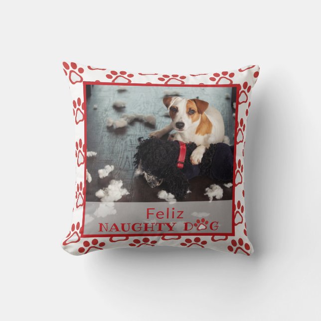 Feliz Naughty Dog Red Paw Print Pet Photo Pillow (Front)