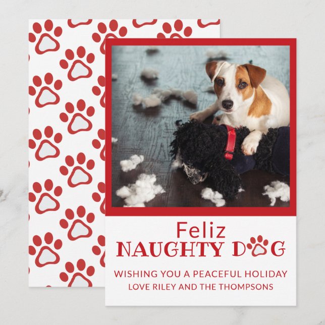 Feliz Naughty Dog Red Paw Prints Pet Photo Holiday (Front/Back)