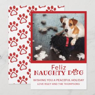 Feliz Naughty Dog Red Paw Prints Pet Photo Holiday