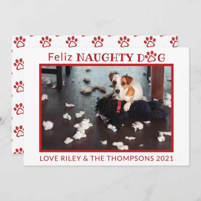 Feliz Naughty Dog Red Paws Horizontal Pet Photo Ho Holiday Card (Front/Back)