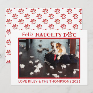 Feliz Naughty Dog Red Paws Horizontal Pet Photo Ho Holiday Card