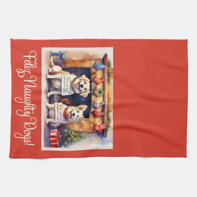 Feliz Naughty Dogs! Christmas Tea Towel (Horizontal)