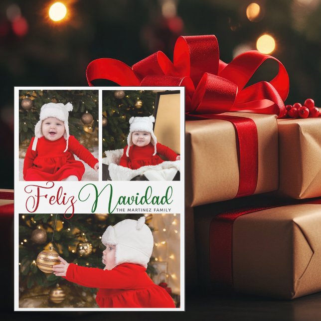 Feliz Navidad 3 Photo Cute Christmas Magnet Card (Creator Uploaded)