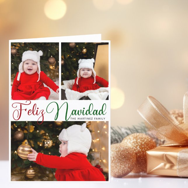 Feliz Navidad 3 Photo Folded Spanish Christmas Holiday Card (Creator Uploaded)