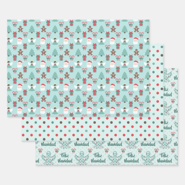 Feliz Navidad Angel Cutout Polka Dots Wrapping Paper Sheet (Set)
